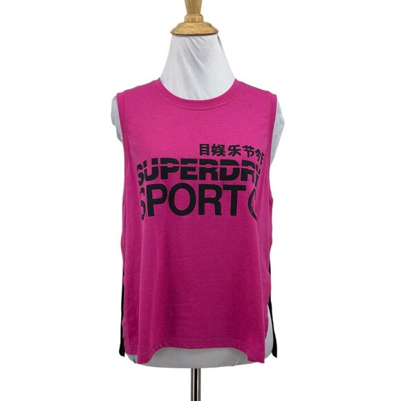 Superdry Tank Top Womens 10 Pink Black Sport Mesh Back Muscle Cut Cropped Shirt - Picture 1 of 16